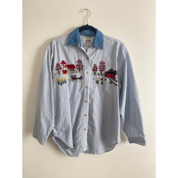 Vintage Solutions Original Embroidered Farmhouse Scene Button-Up Shirt Size M - Picture 1 of 5